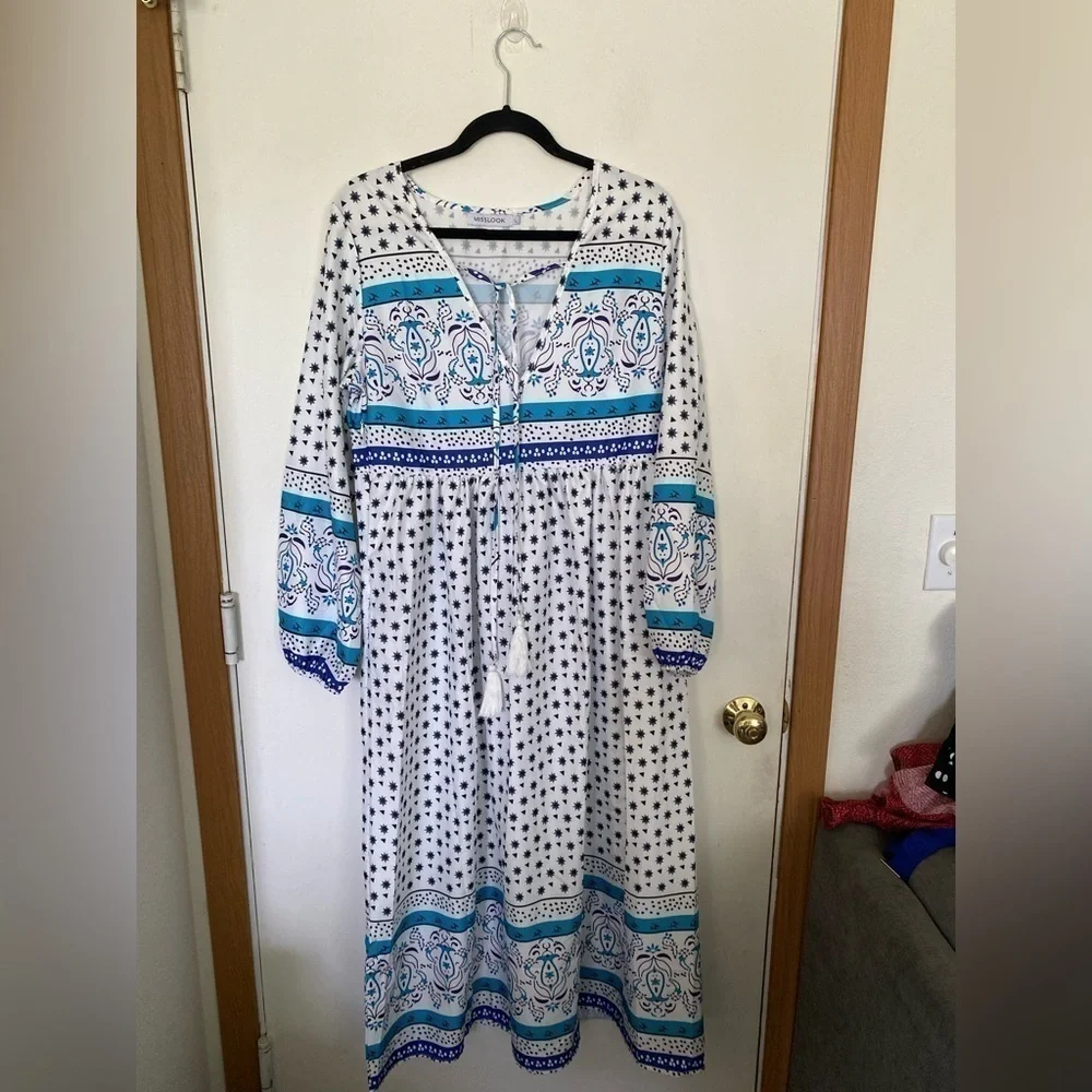 Miss look large peasant/prairie/Boho maxi length long sleeve dress
